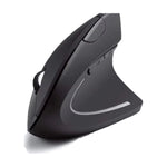 Vertical ergonomic wireless mouse with USB receiver on a plain background